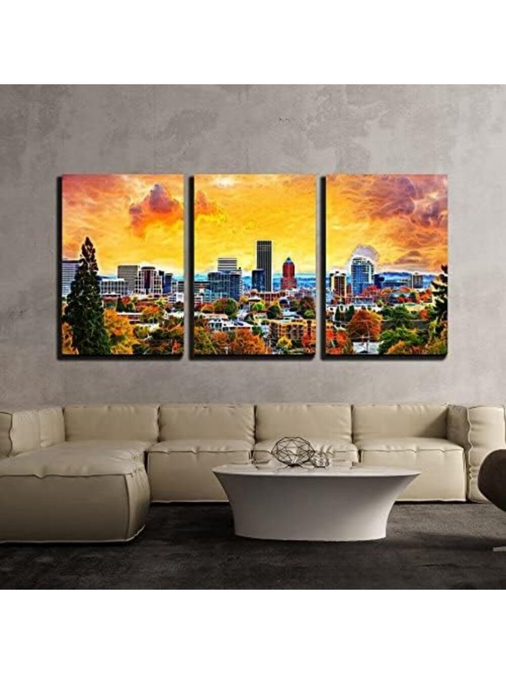 3 Piece Canvas Wall Art Set - Portland Sunset Cityscape - Modern Home Decor